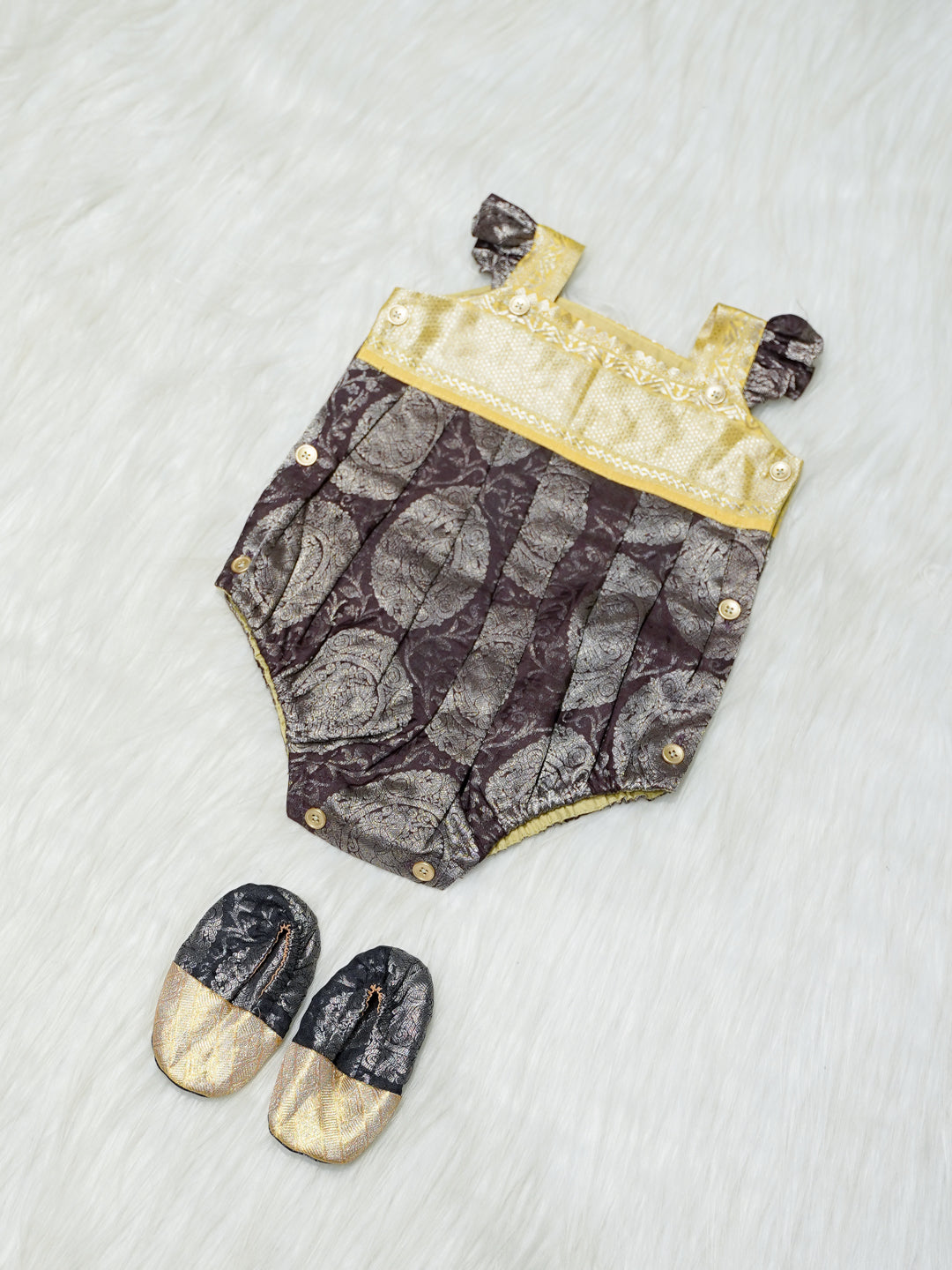 Brown & Gold Brocade Baby Romper with Matching Booties