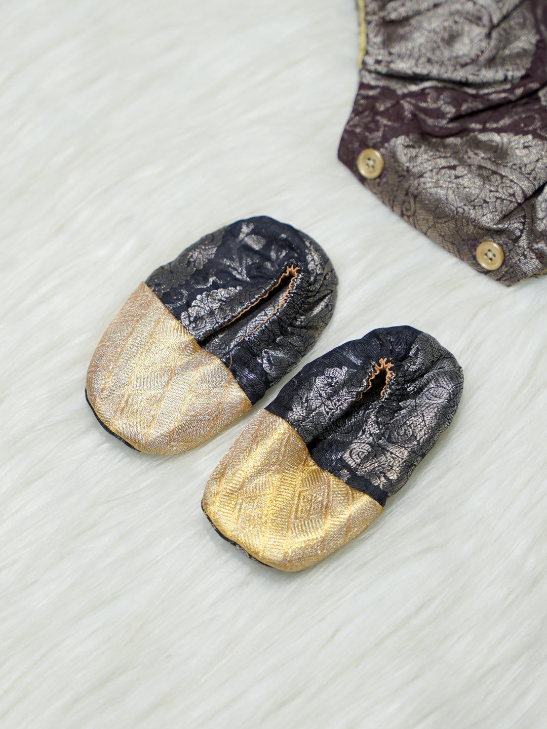 Brown & Gold Brocade Baby Romper with Matching Booties