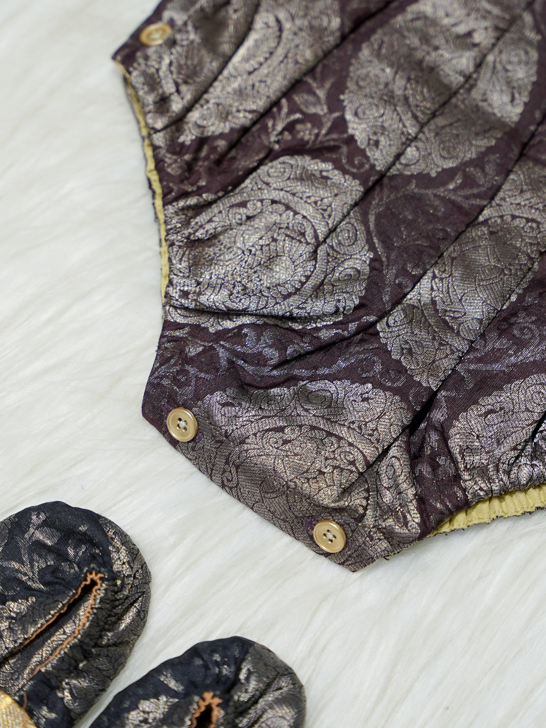 Brown & Gold Brocade Baby Romper with Matching Booties