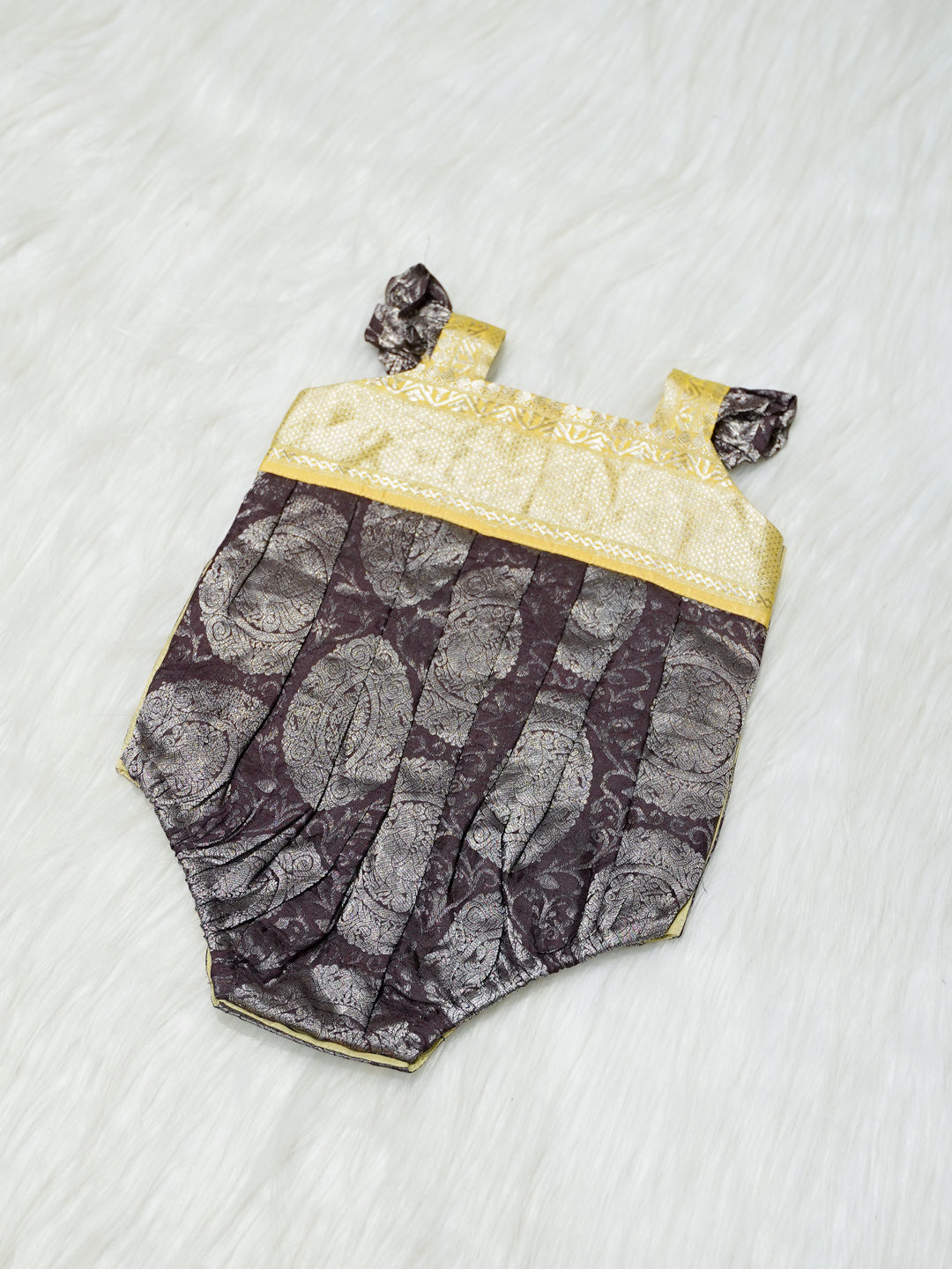 Brown & Gold Brocade Baby Romper with Matching Booties