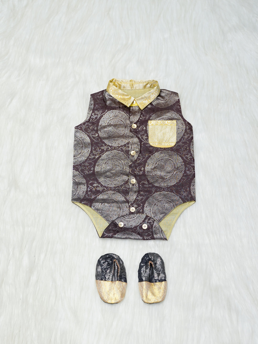 Brown & Gold Brocade Baby Boy Romper with Matching Booties