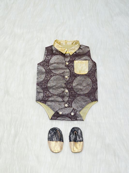 Brown & Gold Brocade Baby Boy Romper with Matching Booties
