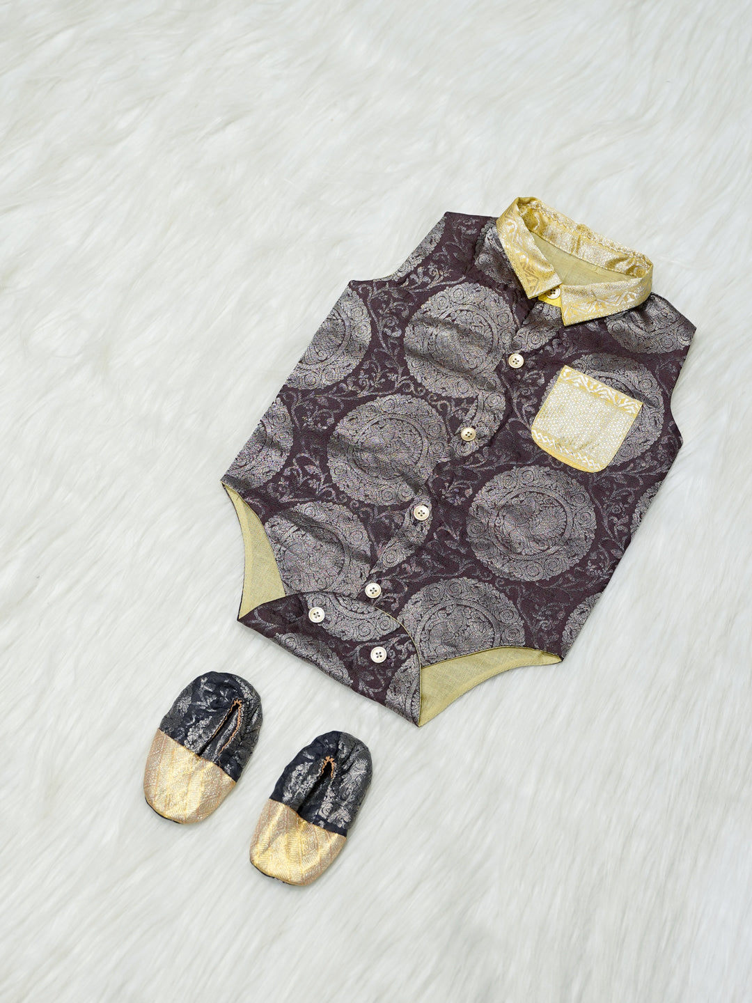 Brown & Gold Brocade Baby Boy Romper with Matching Booties