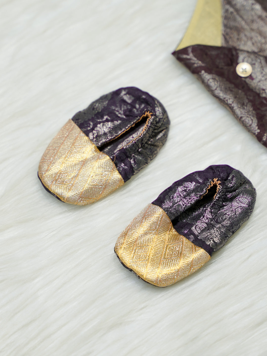 Brown & Gold Brocade Baby Boy Romper with Matching Booties
