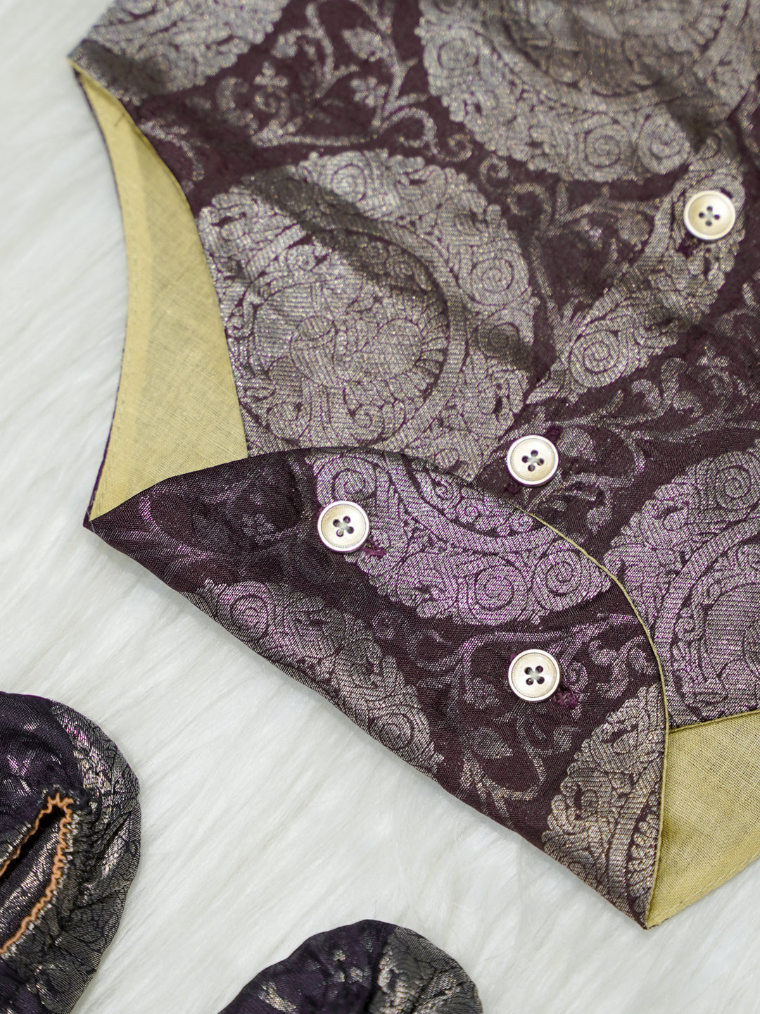Brown & Gold Brocade Baby Boy Romper with Matching Booties