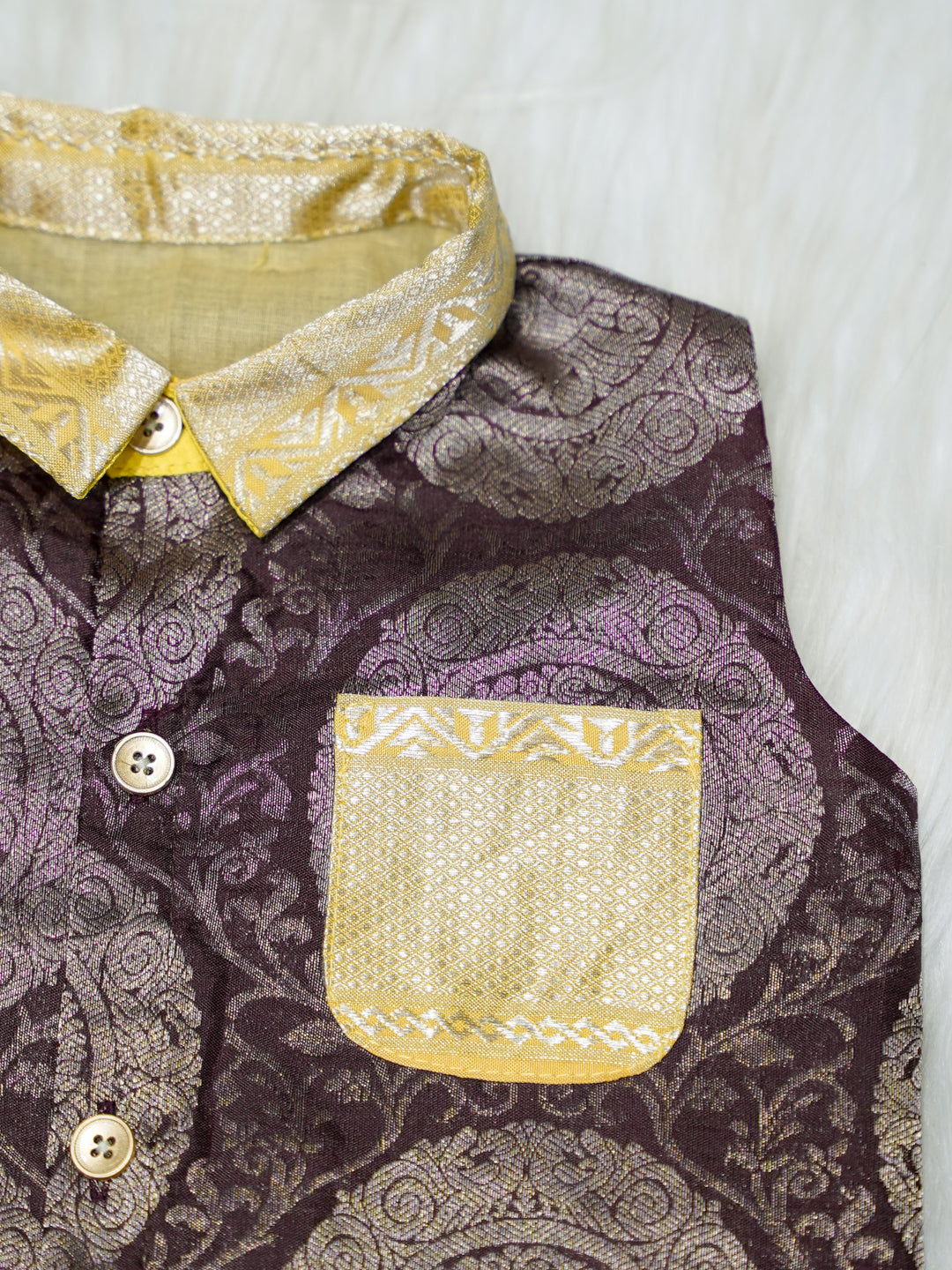 Brown & Gold Brocade Baby Boy Romper with Matching Booties