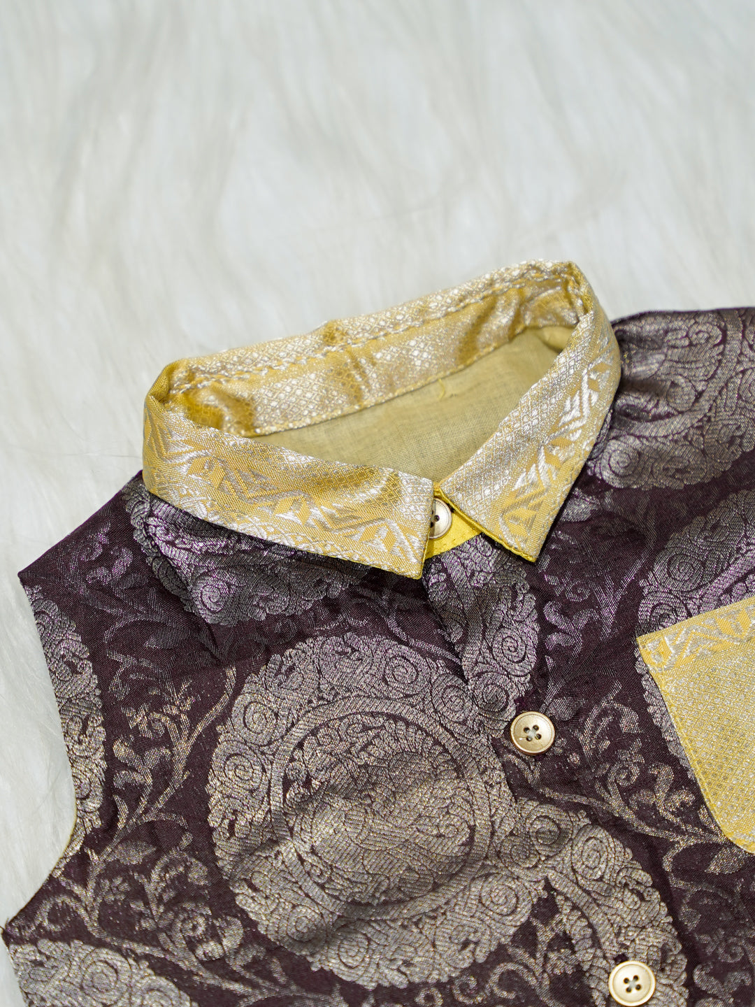 Brown & Gold Brocade Baby Boy Romper with Matching Booties
