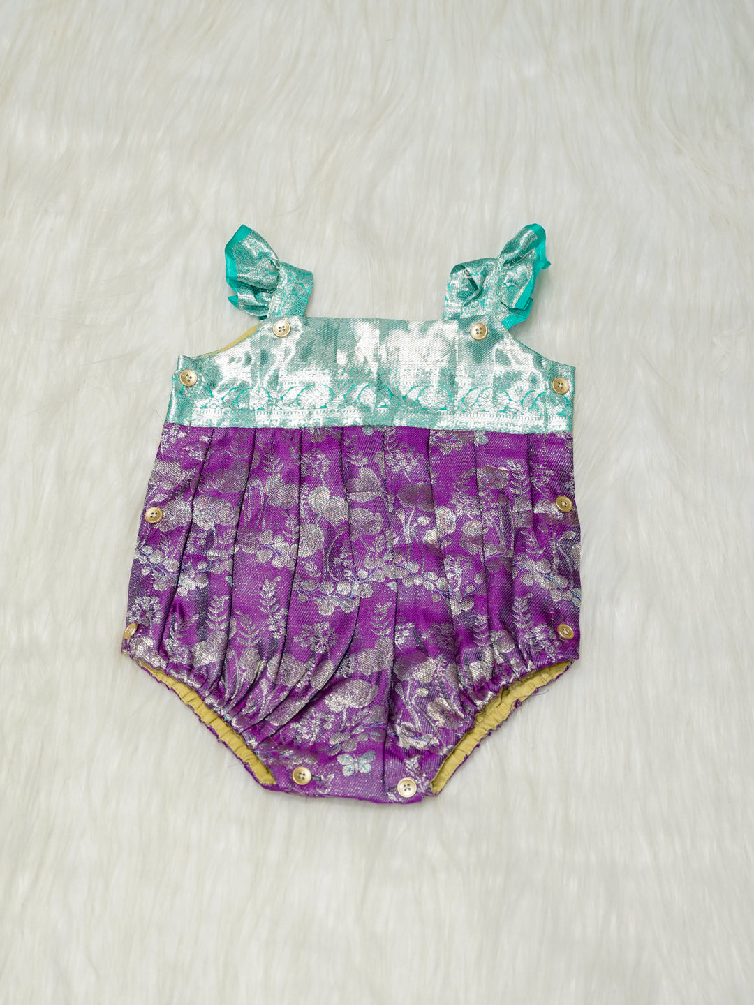 Purple & Turquoise Brocade Baby Romper with Ruffled Straps