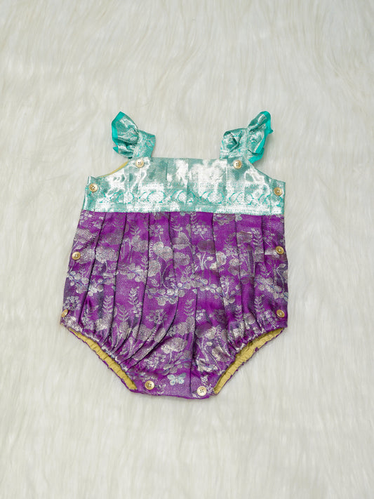 Purple & Turquoise Brocade Baby Romper with Ruffled Straps