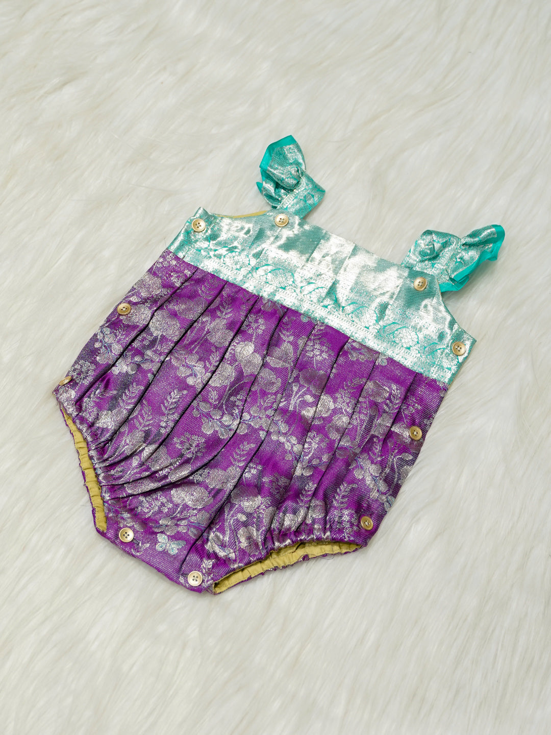 Purple & Turquoise Brocade Baby Romper with Ruffled Straps