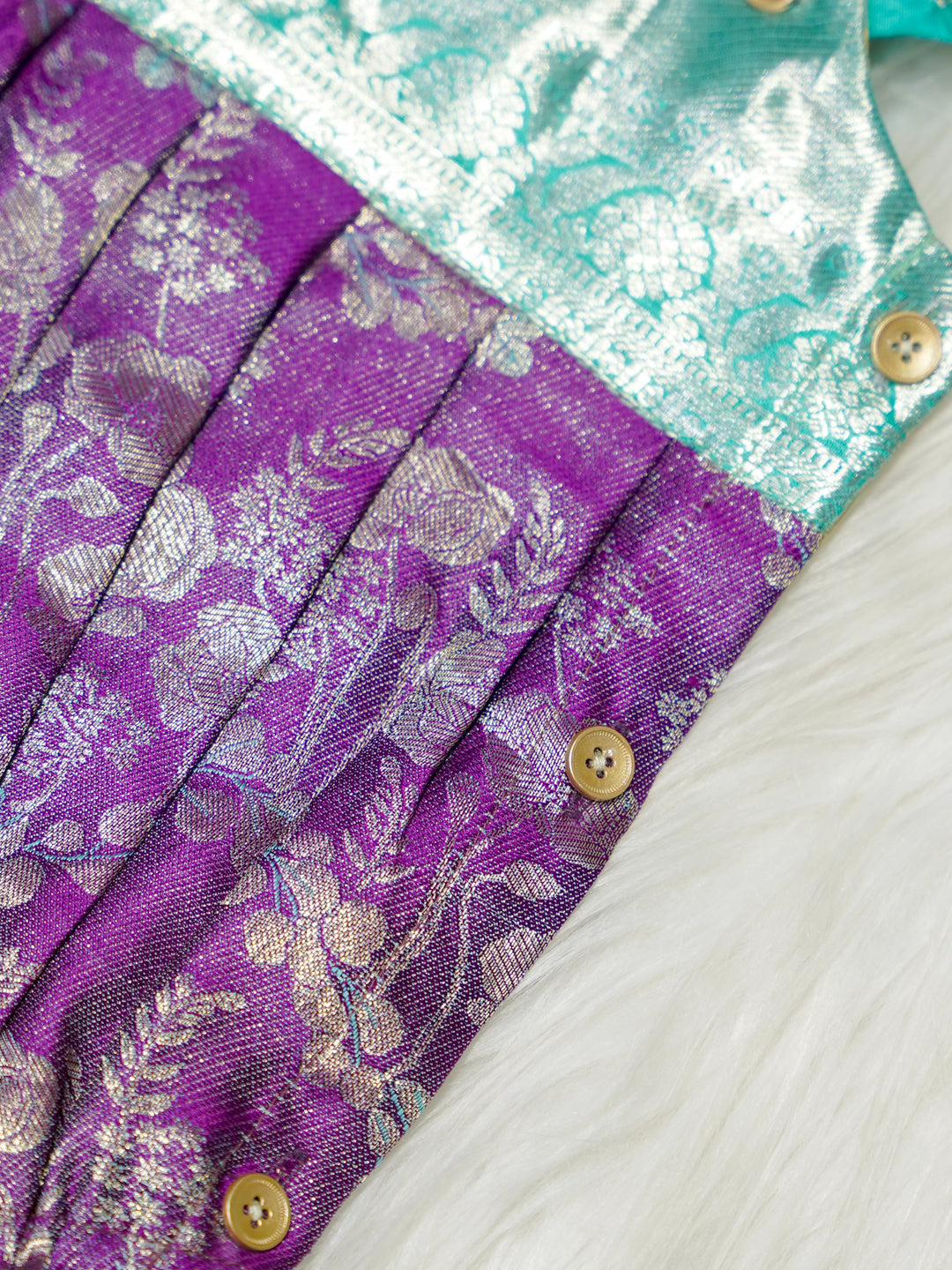 Purple & Turquoise Brocade Baby Romper with Ruffled Straps