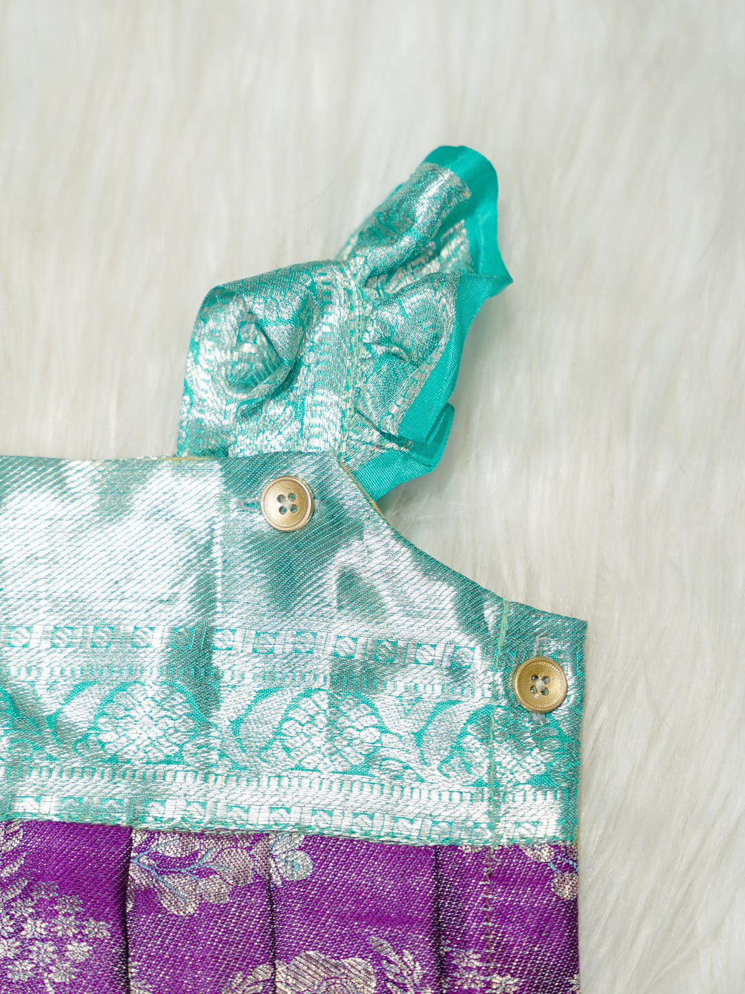 Purple & Turquoise Brocade Baby Romper with Ruffled Straps