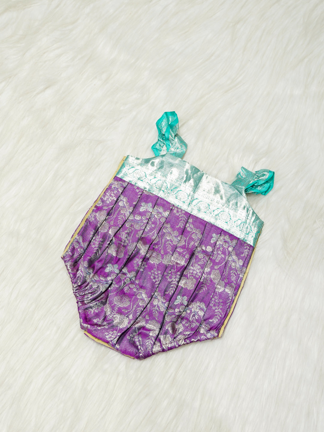 Purple & Turquoise Brocade Baby Romper with Ruffled Straps