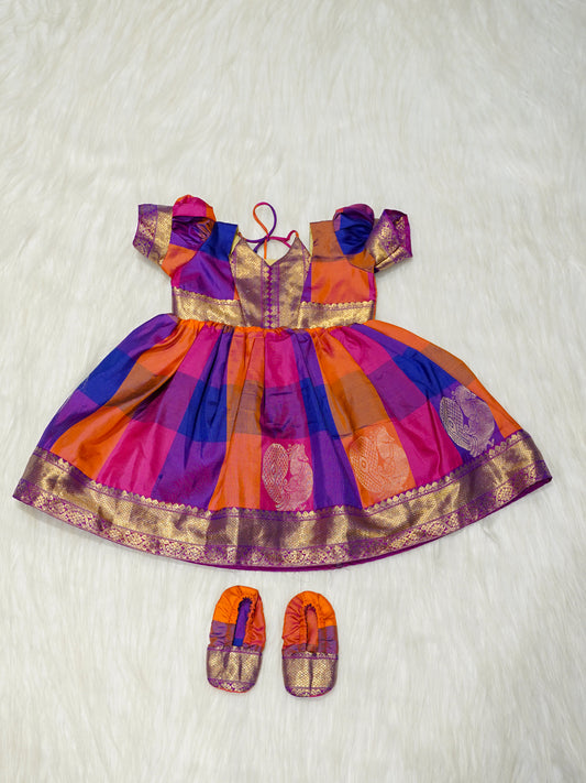 Multicolour Silk Baby Girl Gown with Purple & Gold Zari Border