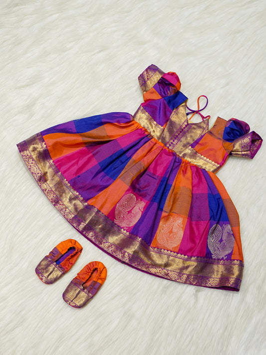 Multicolour Silk Baby Girl Gown with Purple & Gold Zari Border