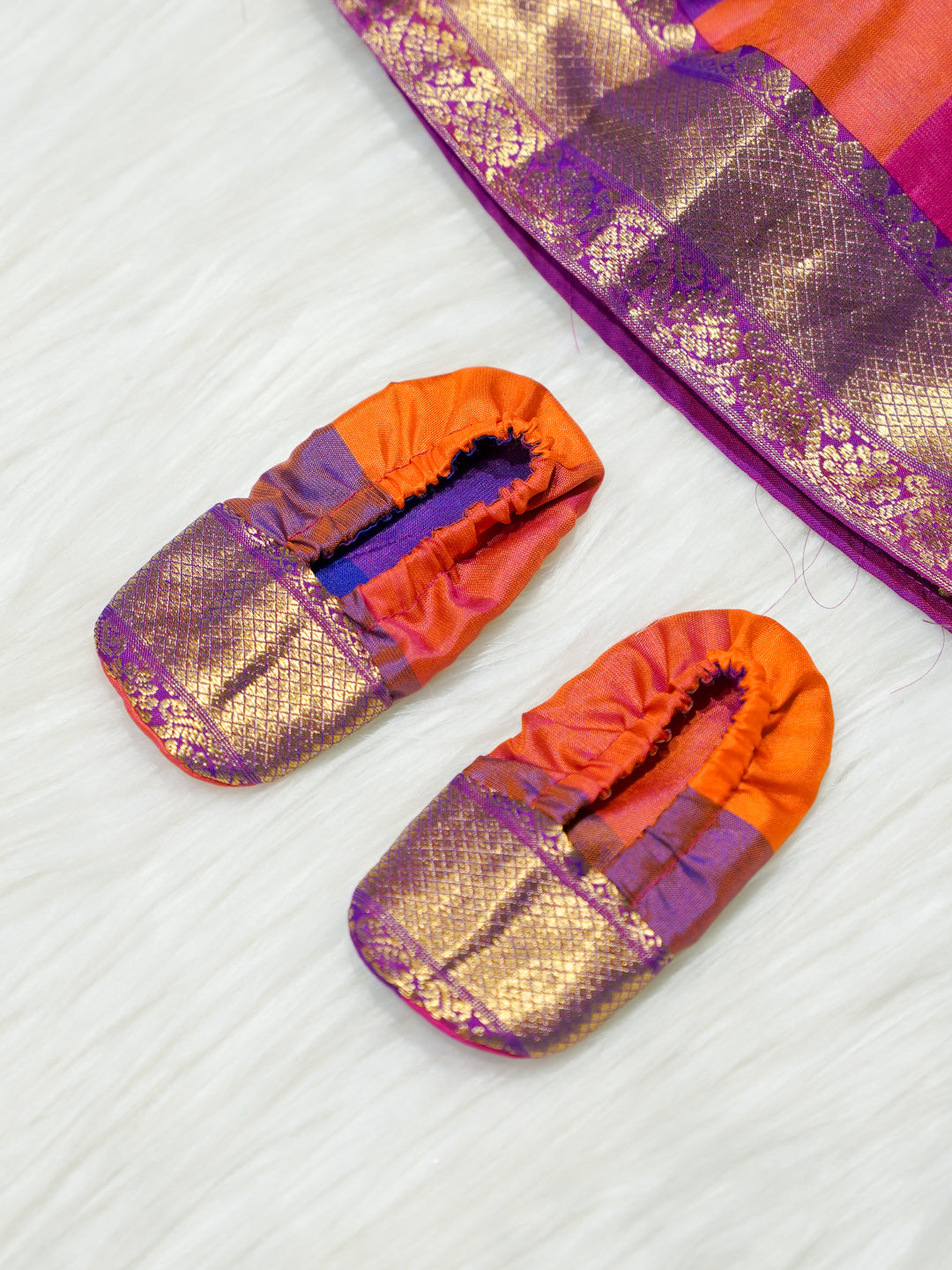 Multicolour Silk Baby Girl Gown with Purple & Gold Zari Border