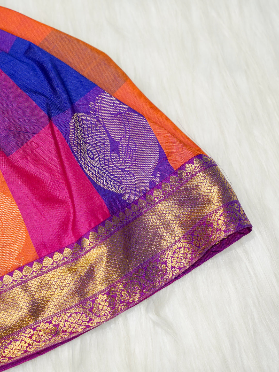 Multicolour Silk Baby Girl Gown with Purple & Gold Zari Border