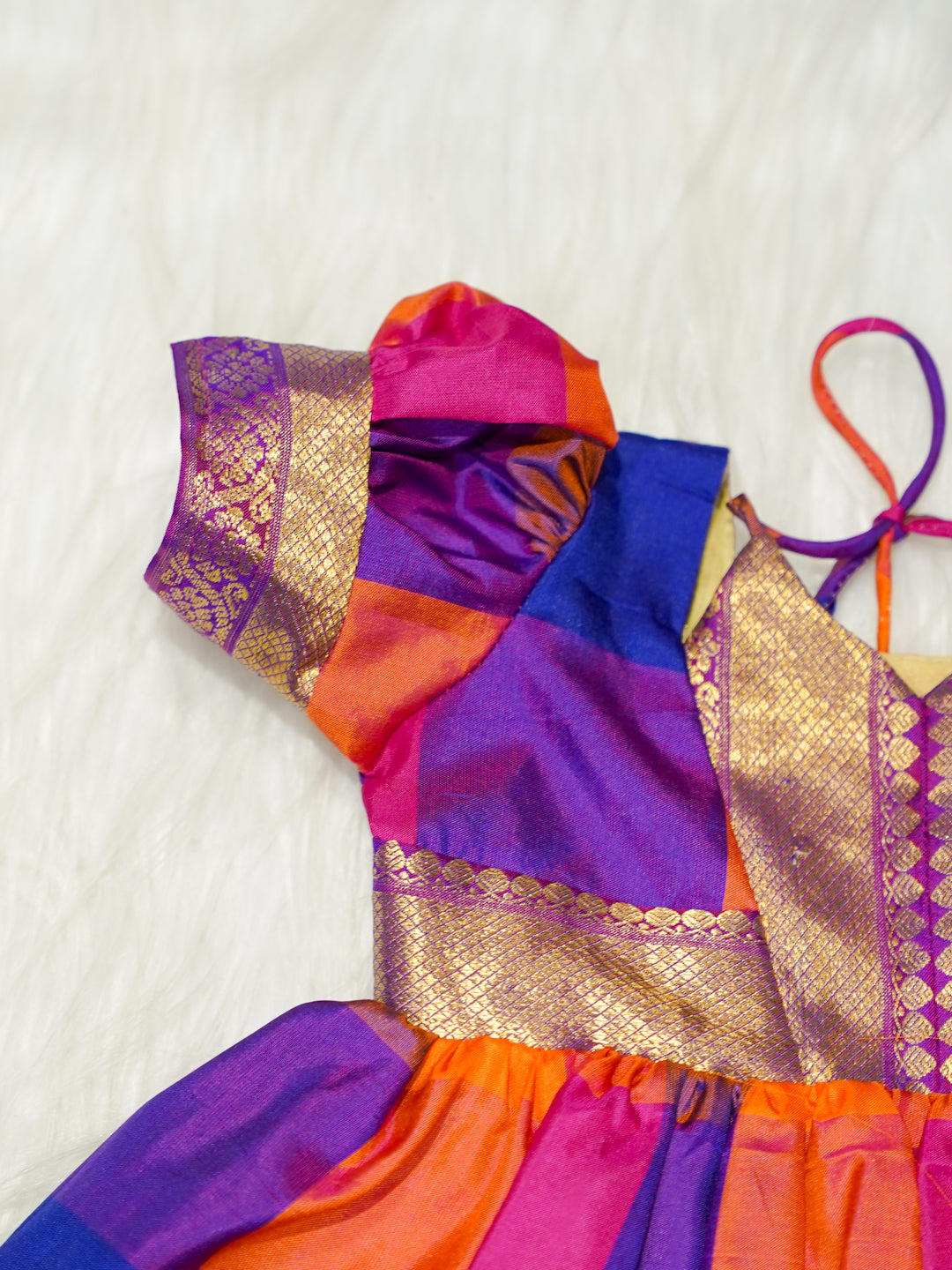 Multicolour Silk Baby Girl Gown with Purple & Gold Zari Border