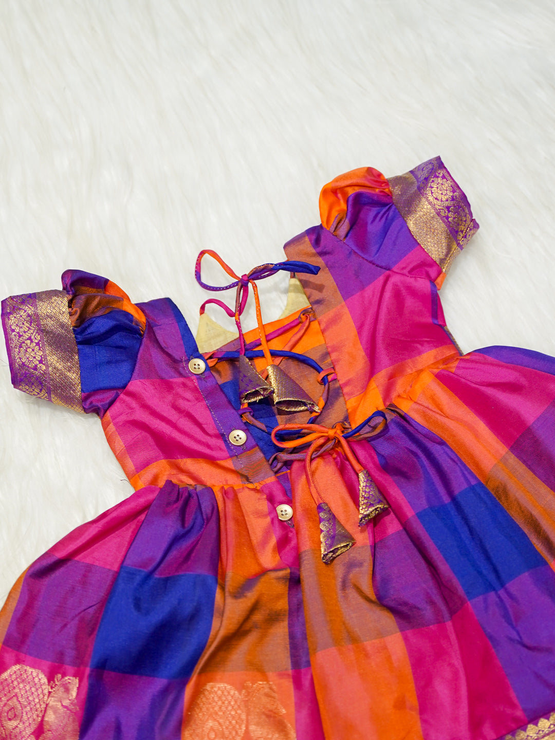 Multicolour Silk Baby Girl Gown with Purple & Gold Zari Border