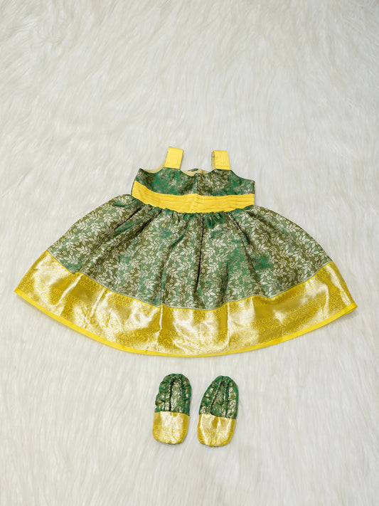 Green & Gold Brocade Baby Girl Dress with Matching Booties