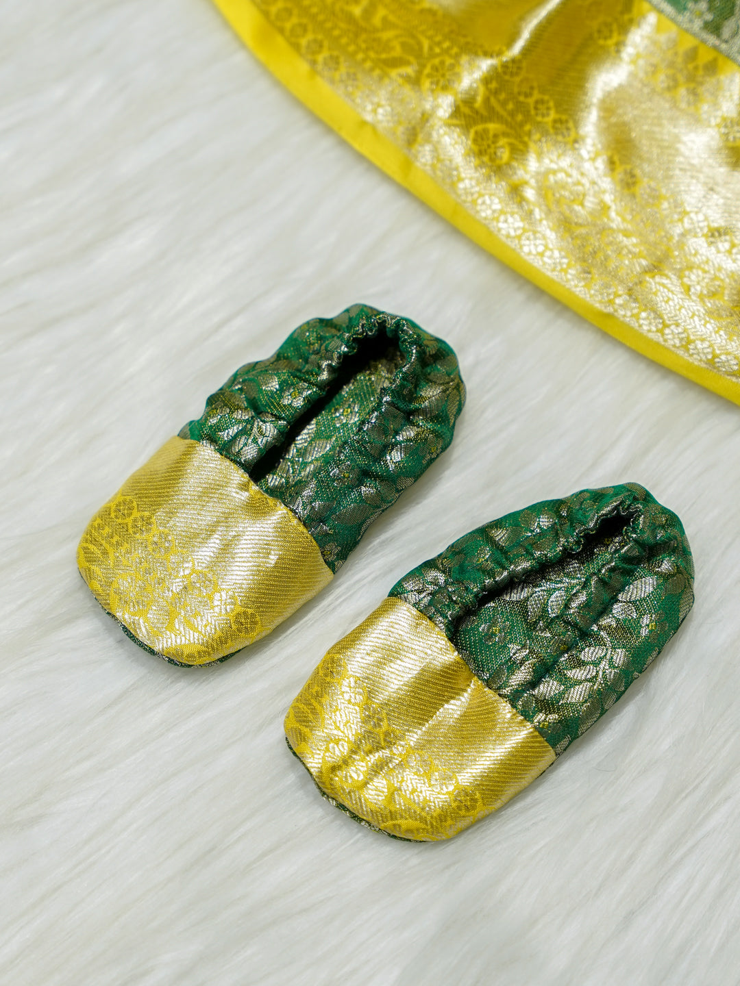 Green & Gold Brocade Baby Girl Dress with Matching Booties