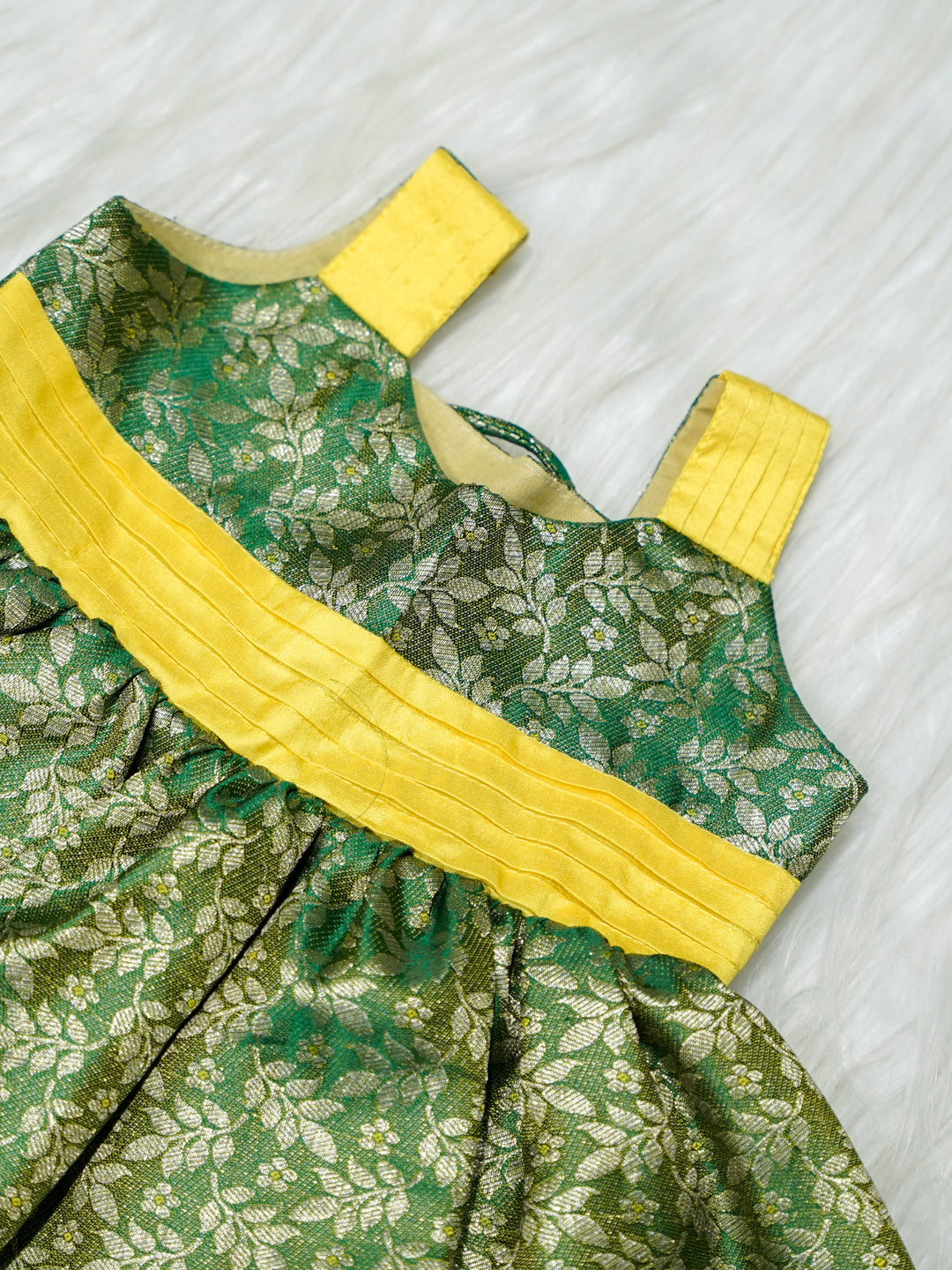 Green & Gold Brocade Baby Girl Dress with Matching Booties
