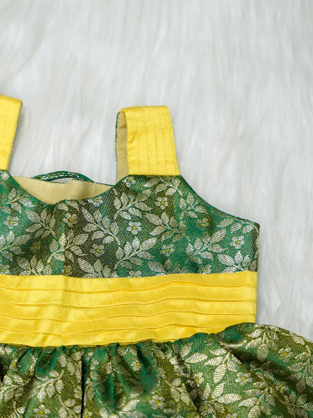 Green & Gold Brocade Baby Girl Dress with Matching Booties
