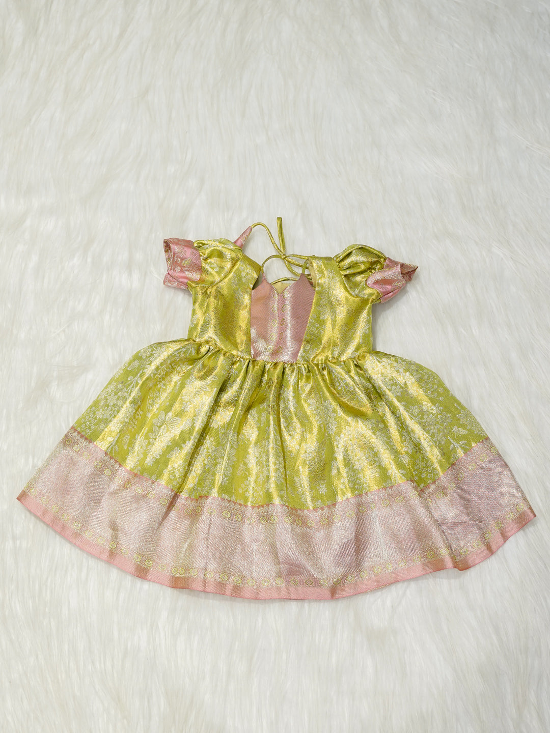 Yellow & Pink Silk Baby Girl Dress with Gold Floral Brocade