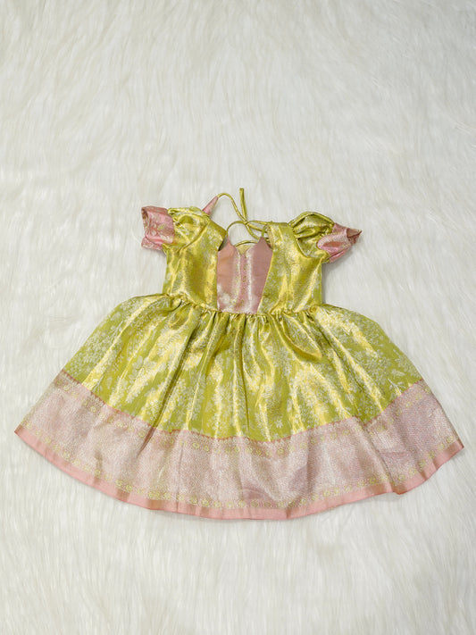 Yellow & Pink Silk Baby Girl Dress with Gold Floral Brocade