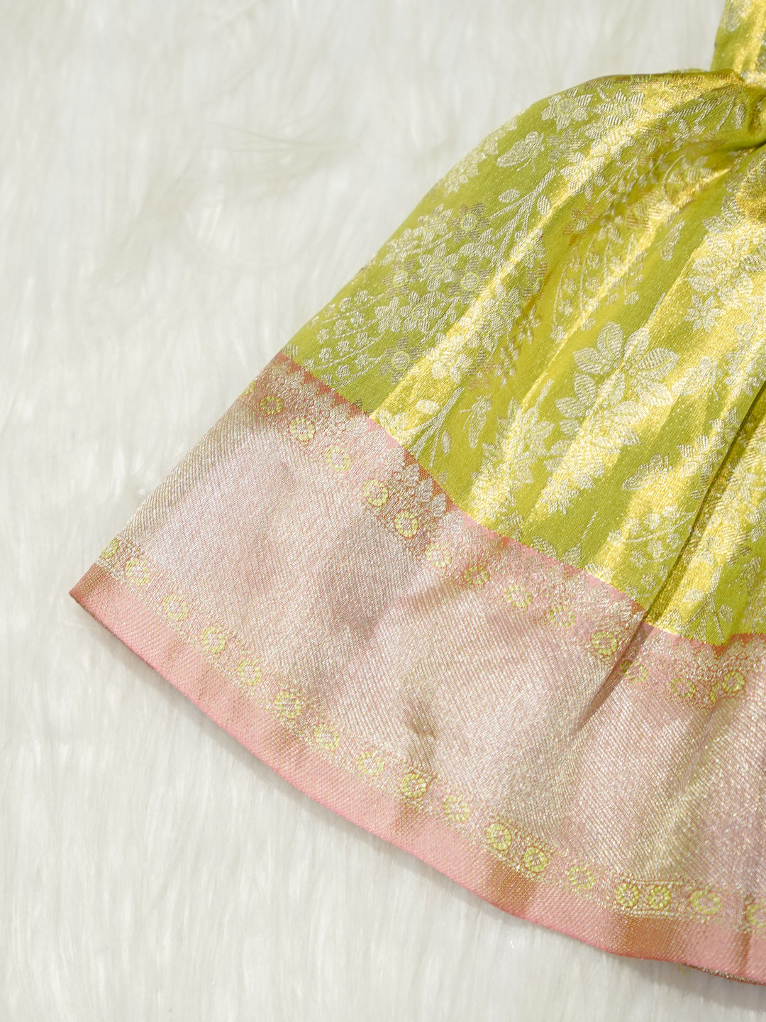 Yellow & Pink Silk Baby Girl Dress with Gold Floral Brocade