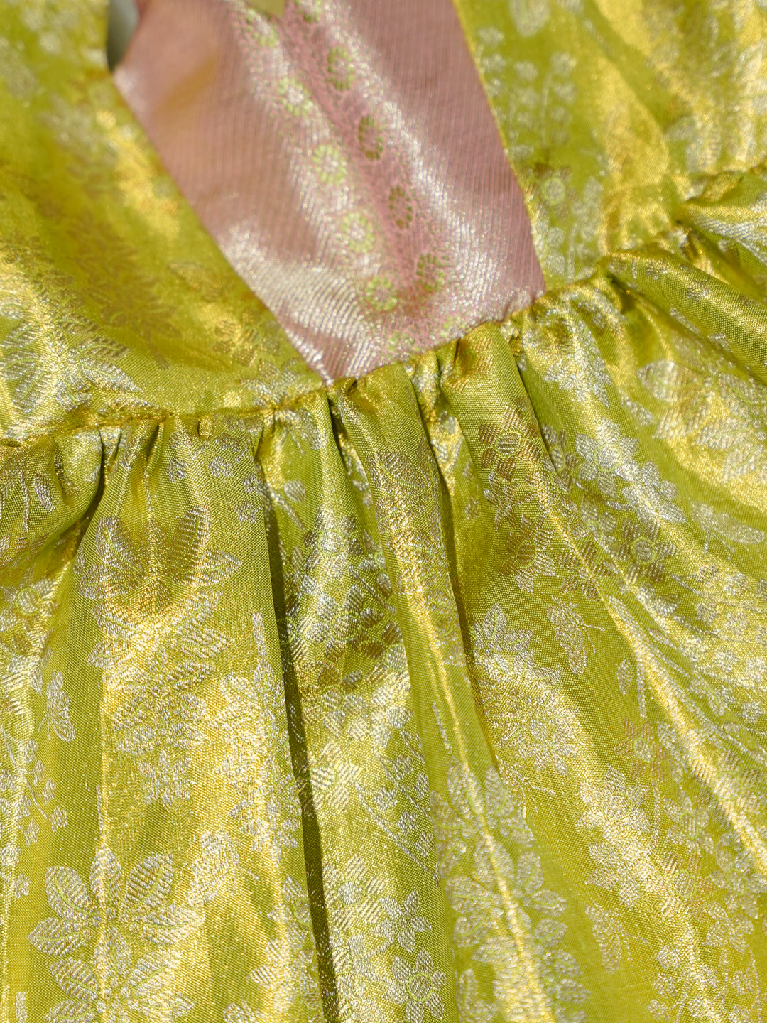 Yellow & Pink Silk Baby Girl Dress with Gold Floral Brocade
