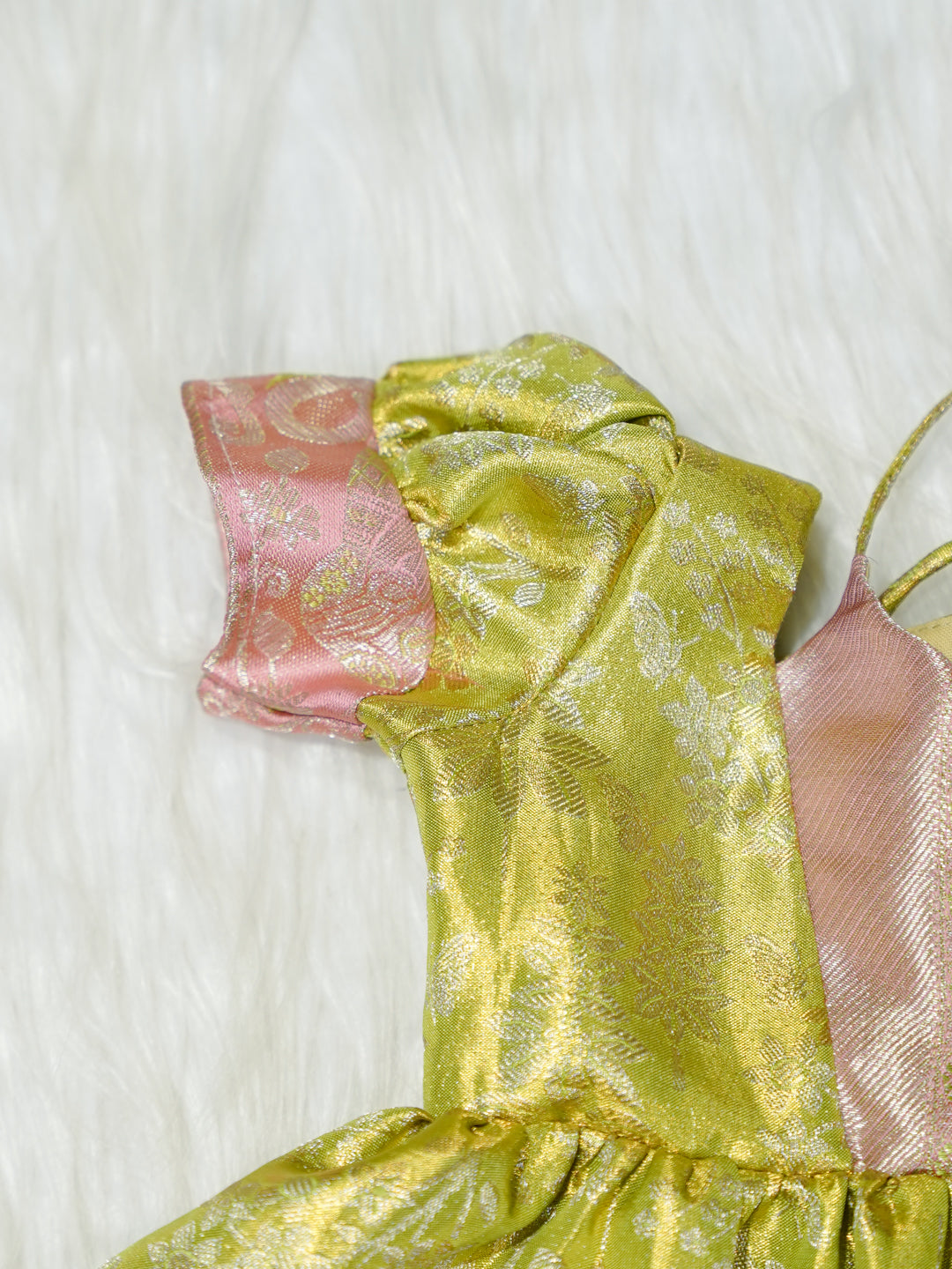 Yellow & Pink Silk Baby Girl Dress with Gold Floral Brocade
