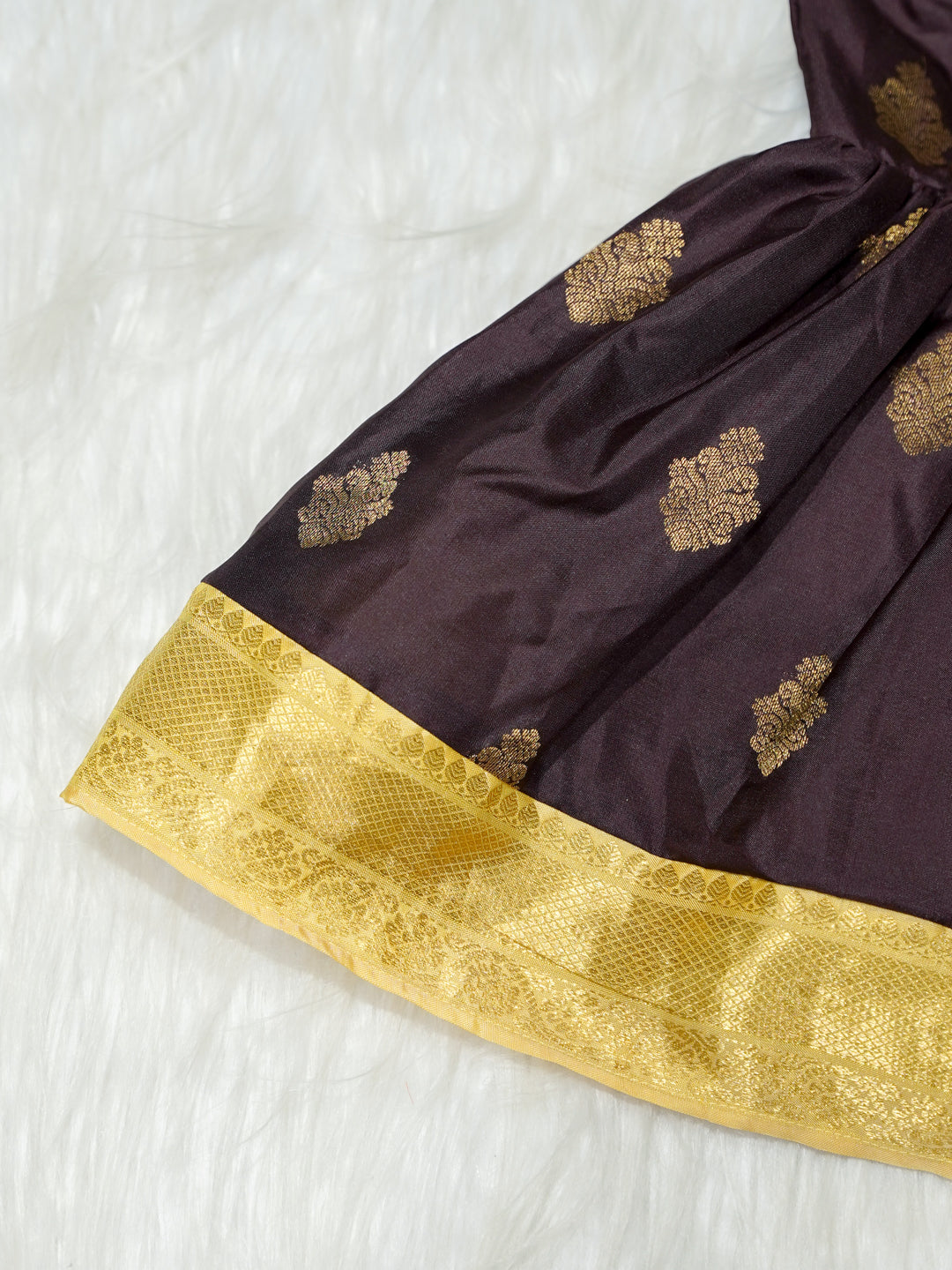 Brown & Gold Silk Baby Girl Dress with Bow & Matching Booties