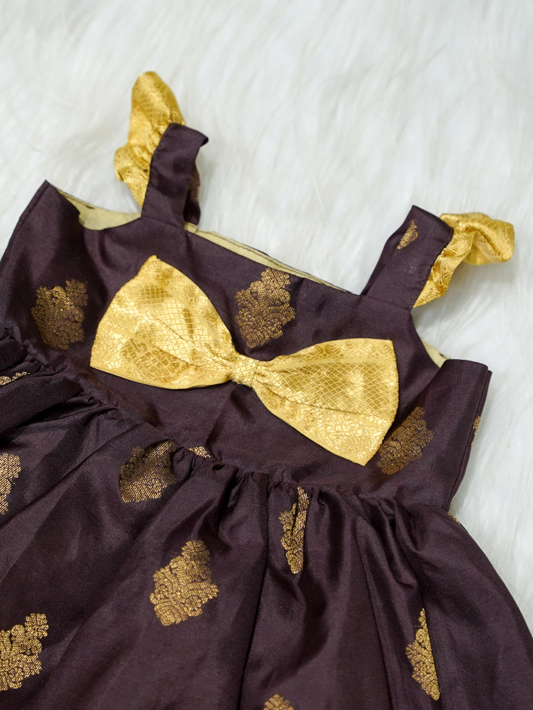 Brown & Gold Silk Baby Girl Dress with Bow & Matching Booties