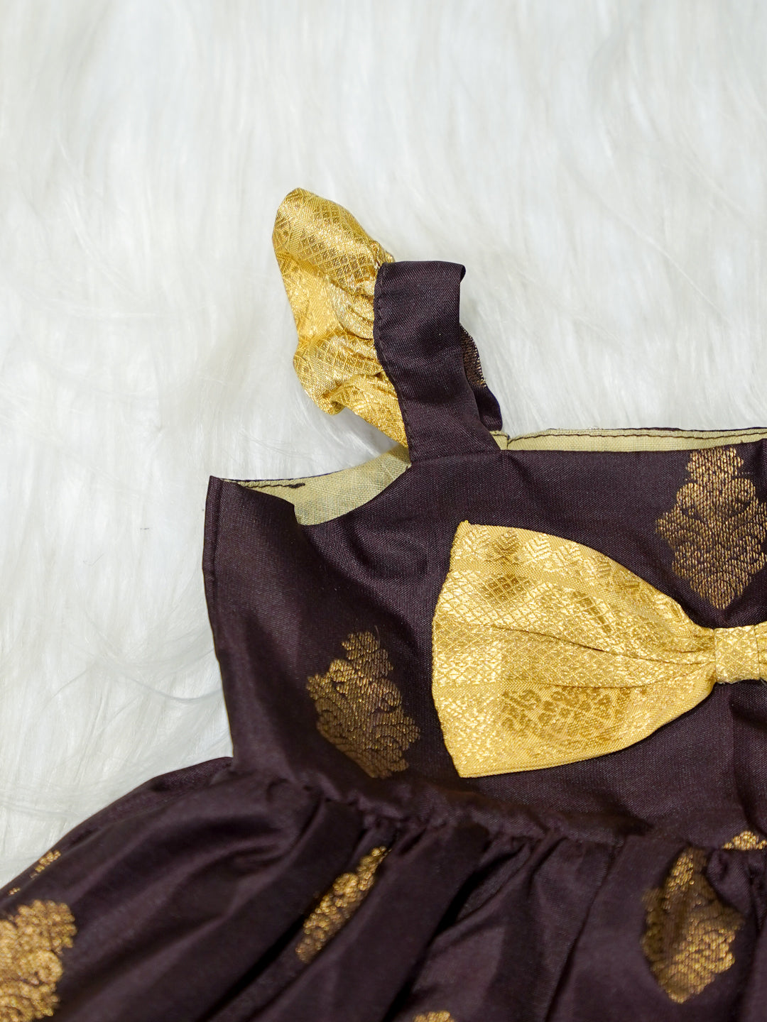 Brown & Gold Silk Baby Girl Dress with Bow & Matching Booties