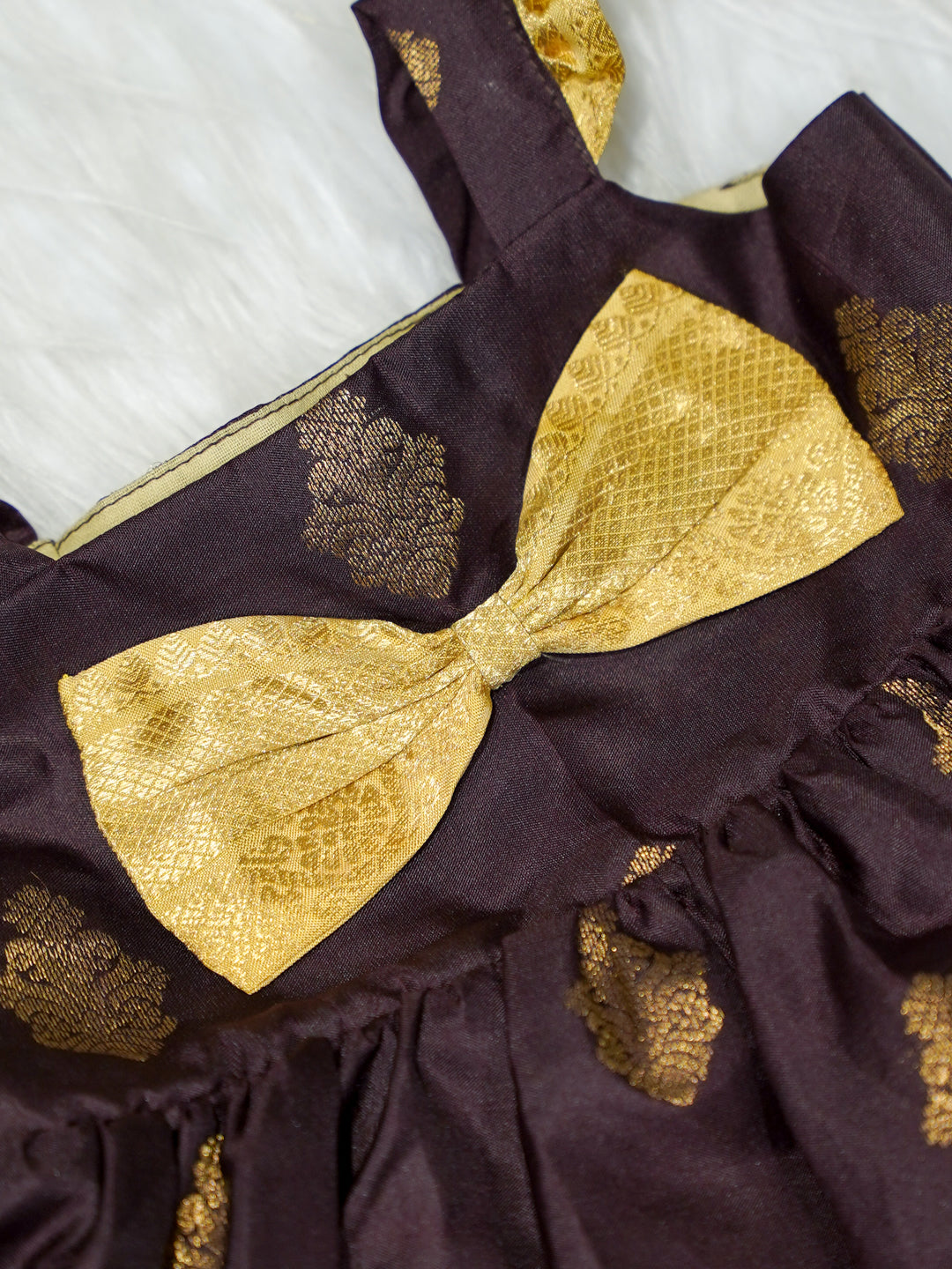Brown & Gold Silk Baby Girl Dress with Bow & Matching Booties