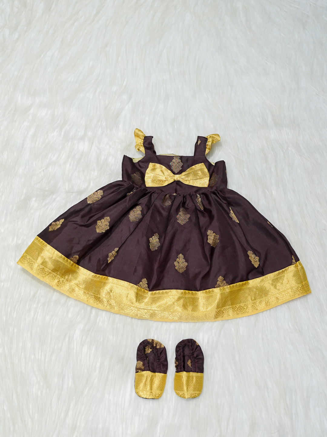 Brown & Gold Silk Baby Girl Dress with Bow & Matching Booties