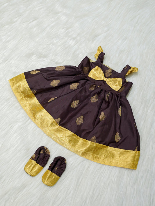 Brown & Gold Silk Baby Girl Dress with Bow & Matching Booties
