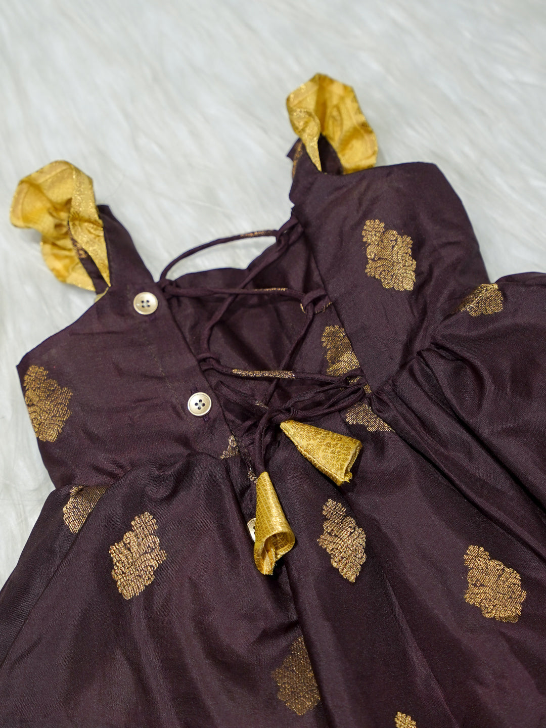 Brown & Gold Silk Baby Girl Dress with Bow & Matching Booties
