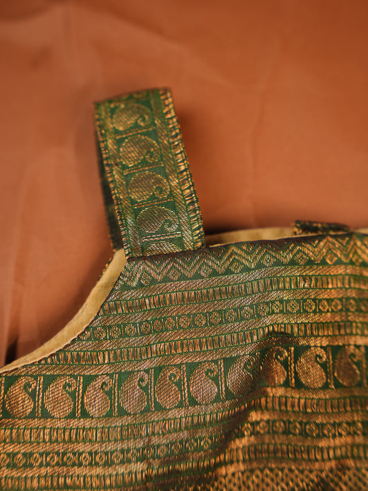 Peacock Grove – Deep Green Kanchipuram Silk Newborn Girl Romper