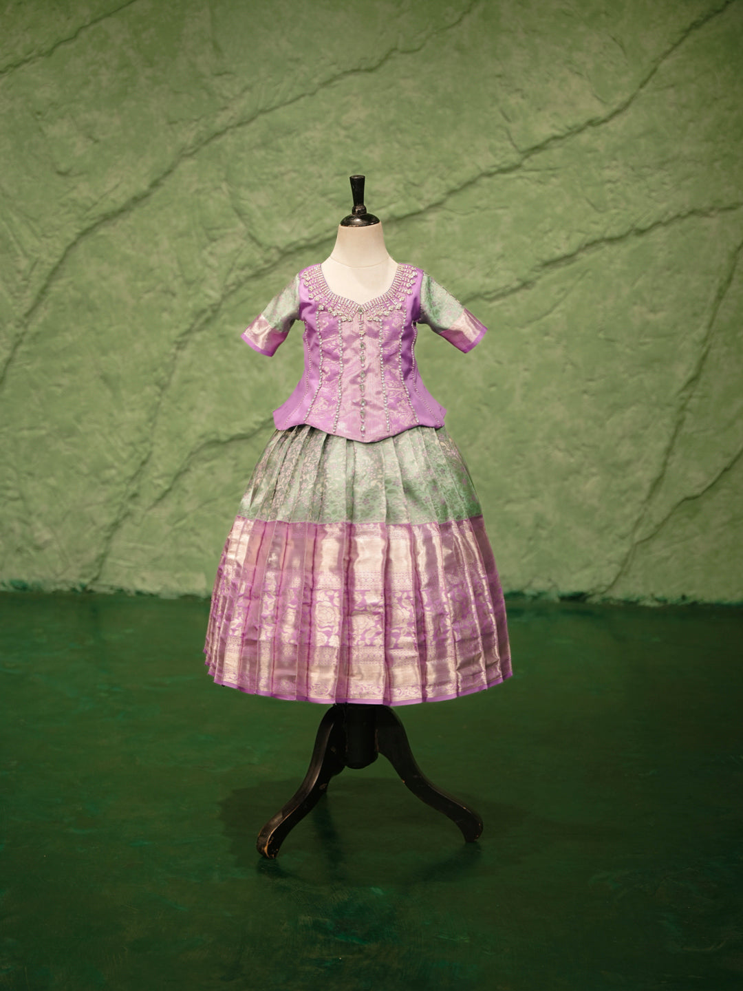 Lavender & Mint Green Kanchipuram Silk Pattu Pavadai Set for Girls