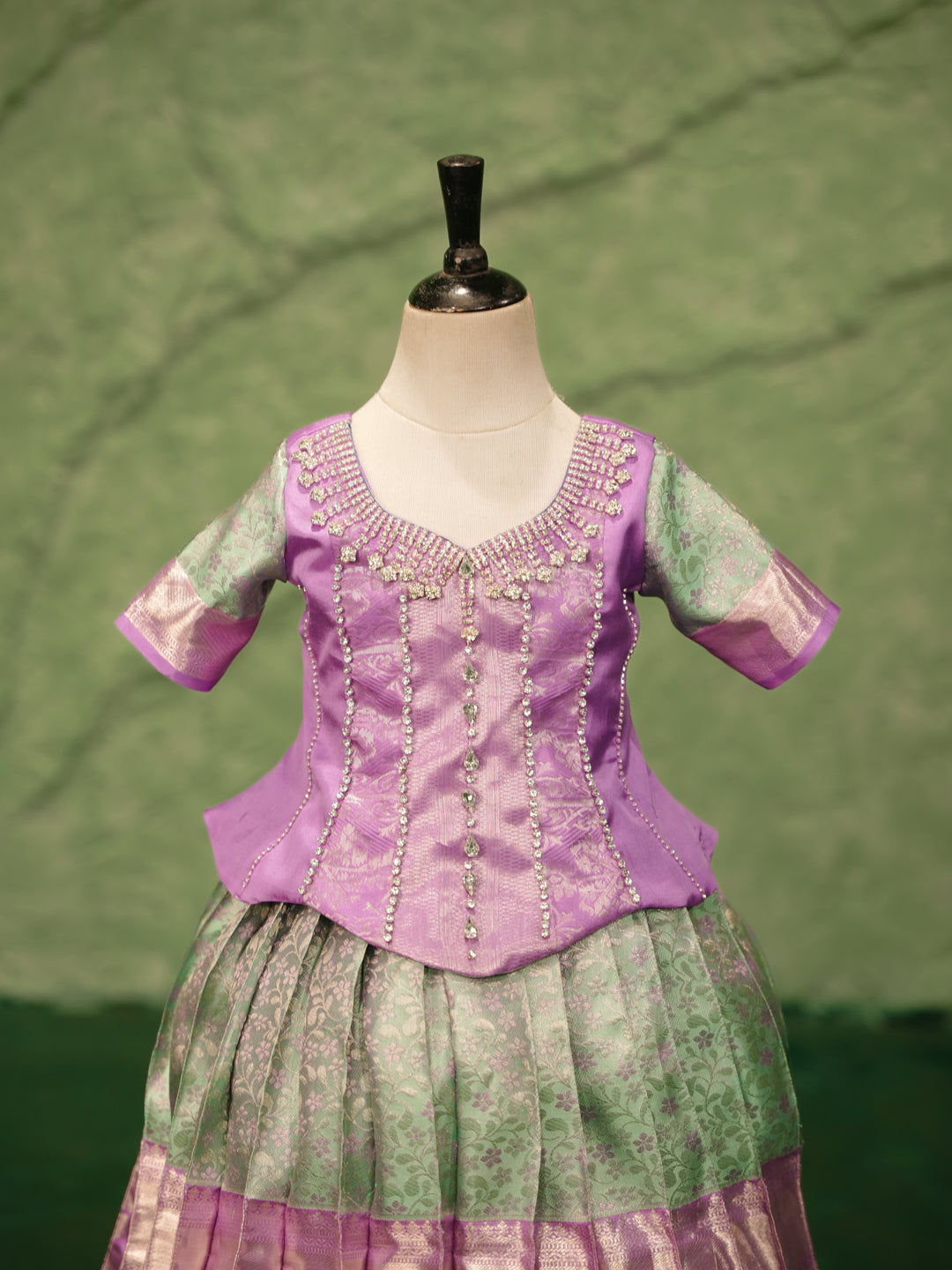 Lavender & Mint Green Kanchipuram Silk Pattu Pavadai Set for Girls