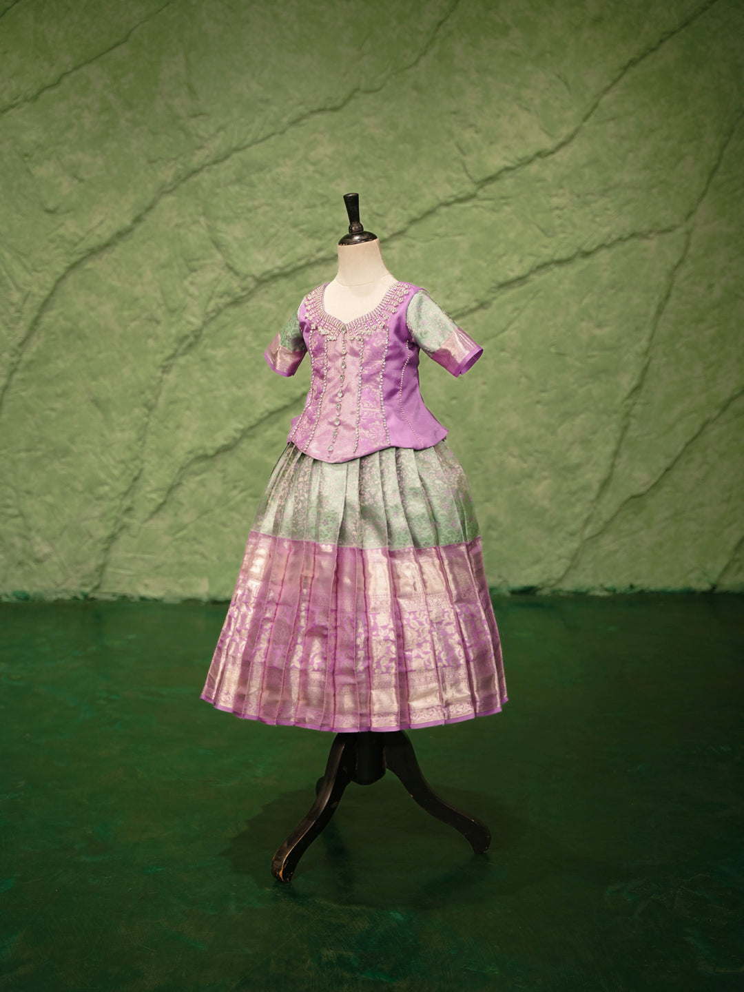 Lavender & Mint Green Kanchipuram Silk Pattu Pavadai Set for Girls
