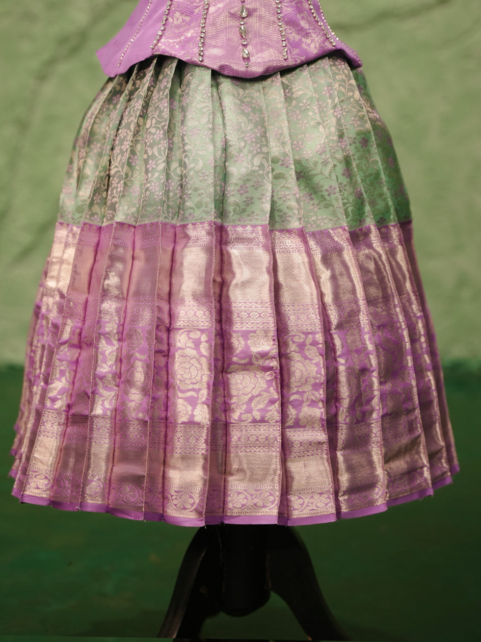 Lavender & Mint Green Kanchipuram Silk Pattu Pavadai Set for Girls