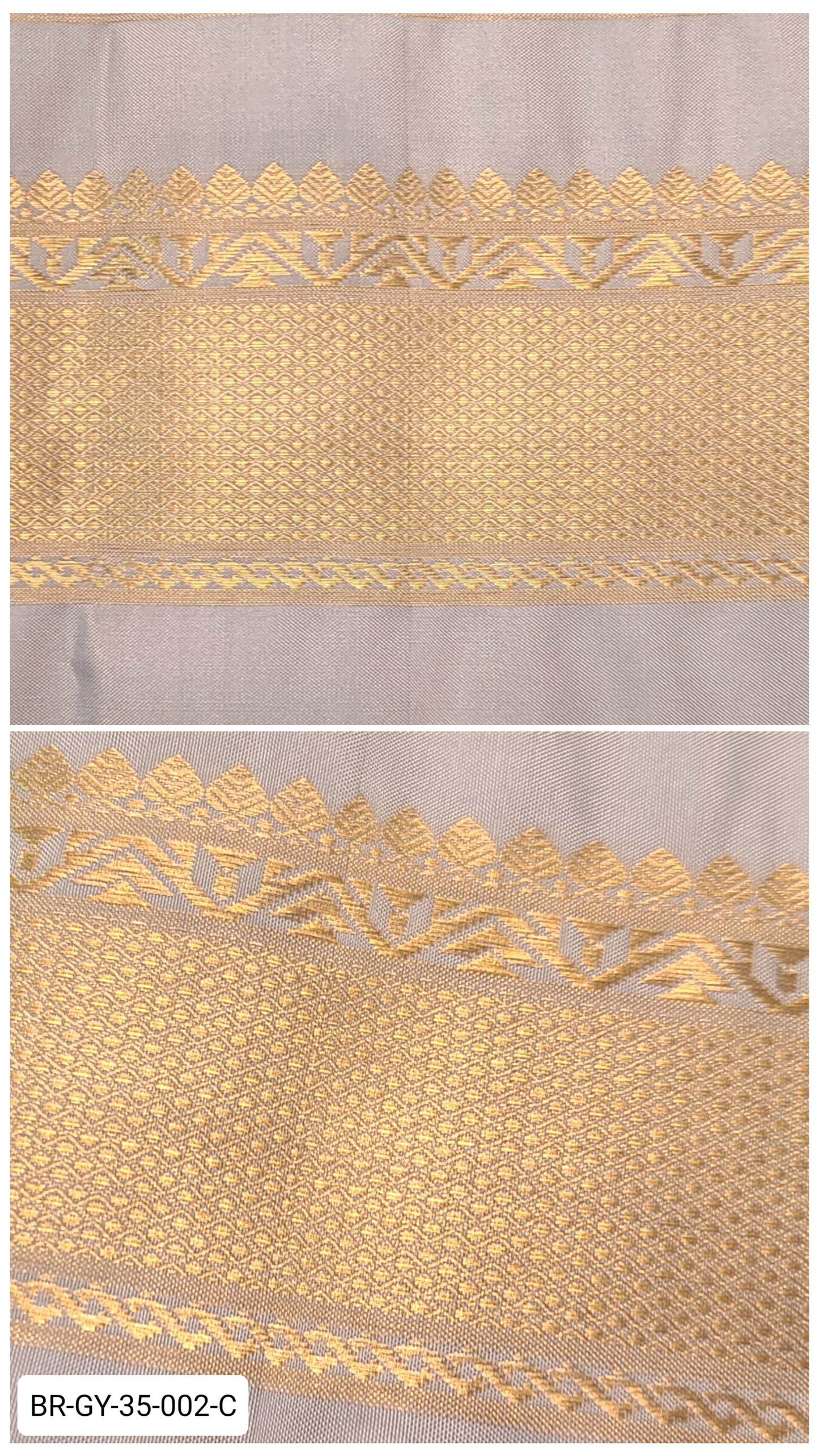 4 Inch Pure Kanchipuram Silk Zari Border – Grey with Gold Geometric & Temple Motifs