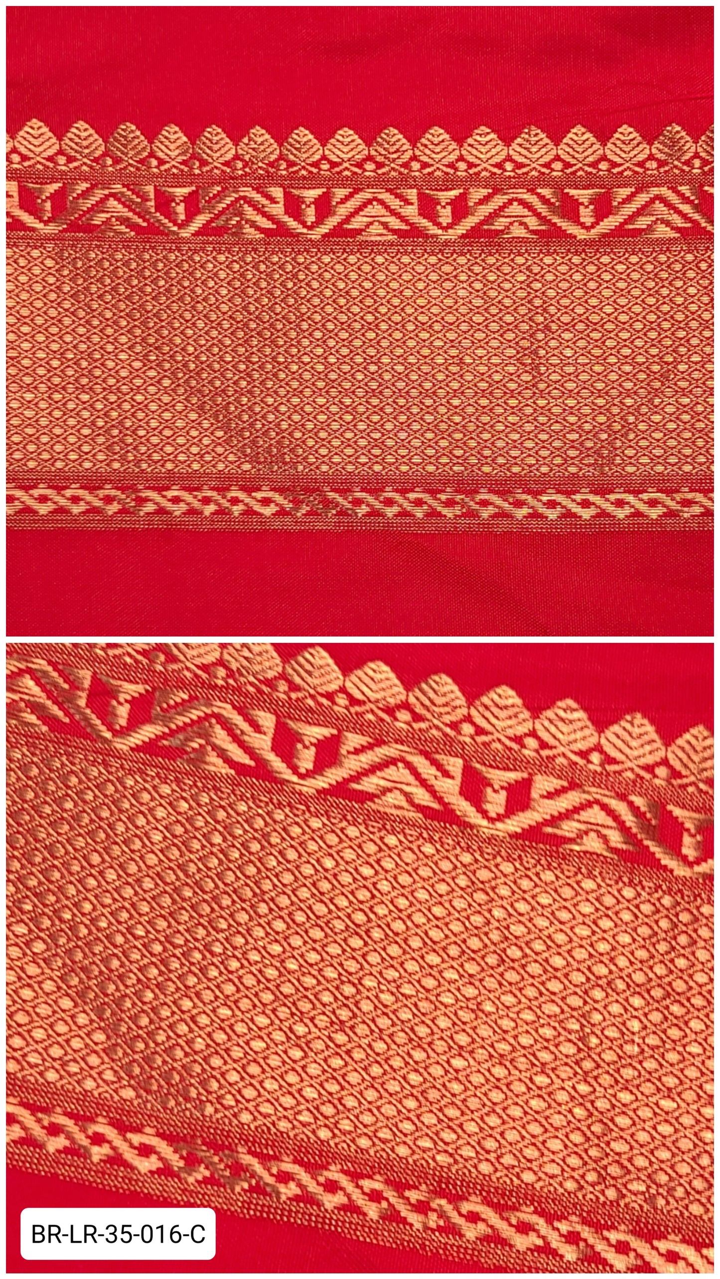 4 Inch Pure Kanchipuram Silk Zari Border – Bright Red with Gold Geometric & Temple Motifs