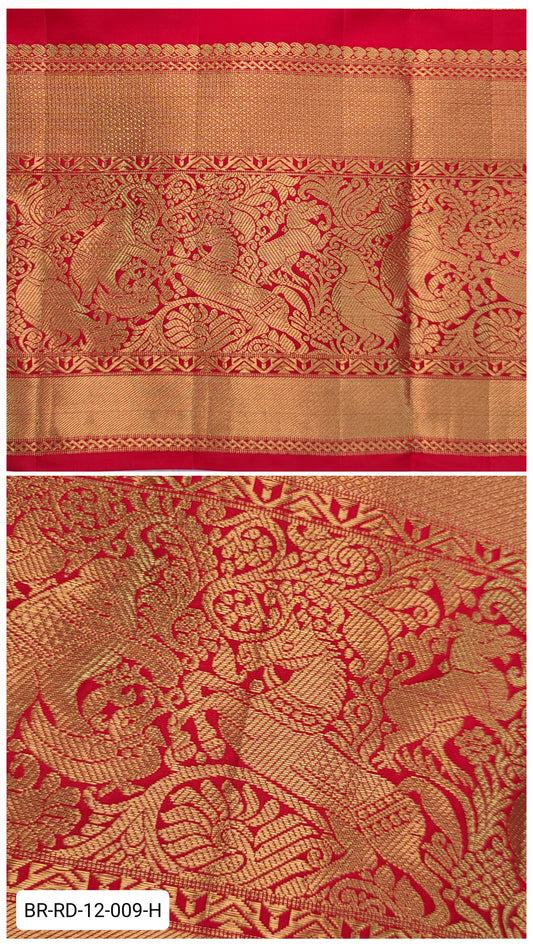 11 Inch Pure Kanchipuram Silk Zari Border – Red with Gold Zari Peacock & Floral Grand Weave
