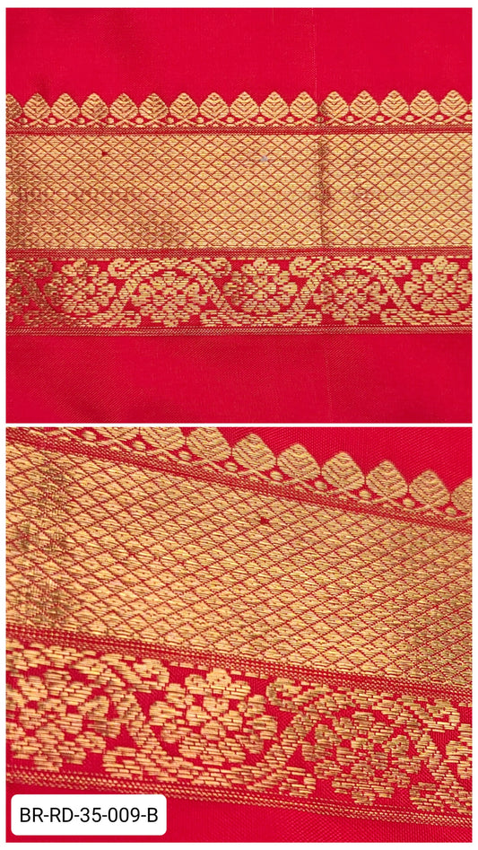 3.5 Inch  Pure Kanchipuram Silk Zari Border – Red with Gold Diamond Weave & Floral Motifs