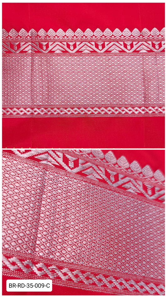 4 Inch Pure Kanchipuram Silk Zari Border – Red with Silver Geometric & Temple Motifs