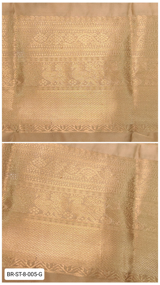 8 Inch Pure Kanchipuram Silk Zari Border – Soft Tan with Gold Zari Peacock & Floral Detailing